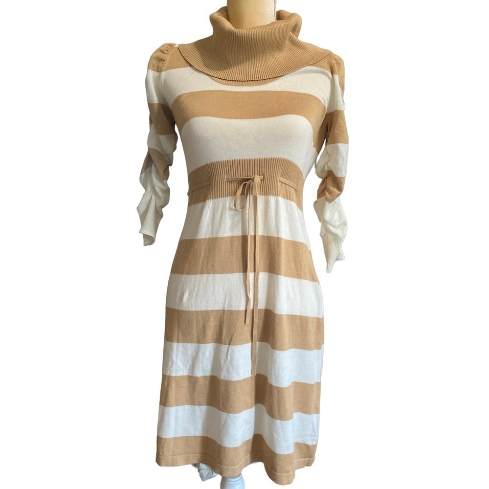 Striped Tan and White Turtleneck Sweater Dress